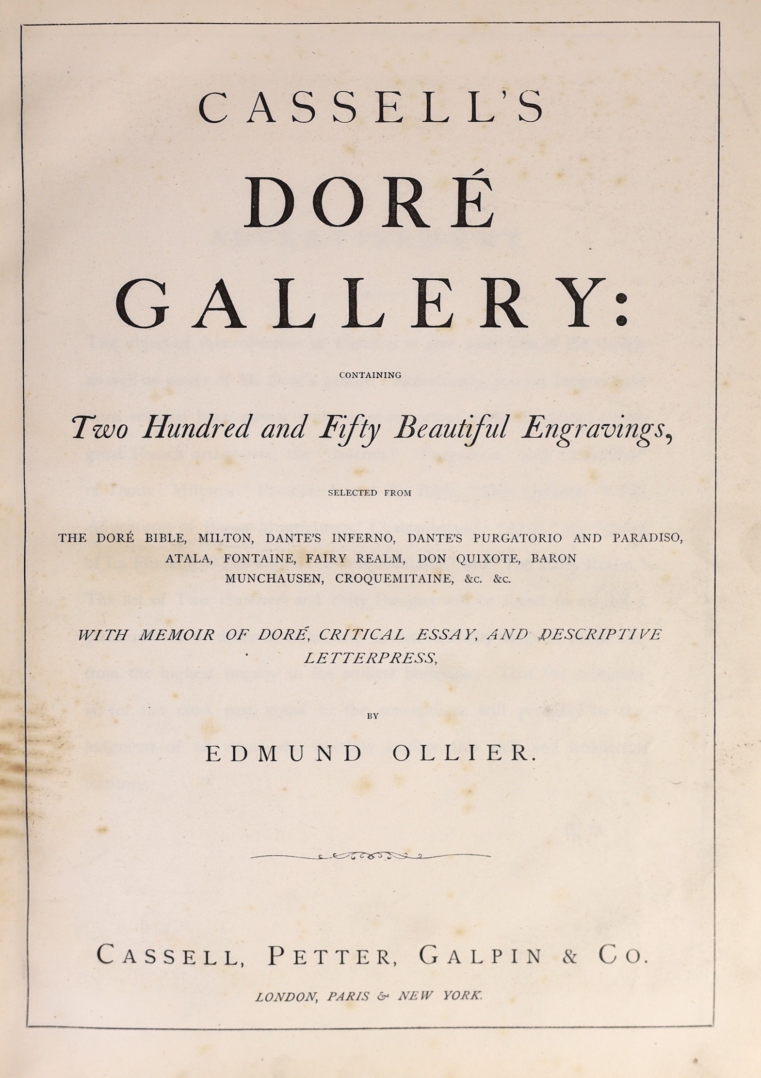 Dore, Gustave (illustrator) - Cassell's Dore Gallery... With a Memoir (etc) by Edmund Ollier. num. engraved plates; contemp. half morocco and cloth, gilt decorated panelled spine, ge. and marbled e/ps., fol. (ca.1885)